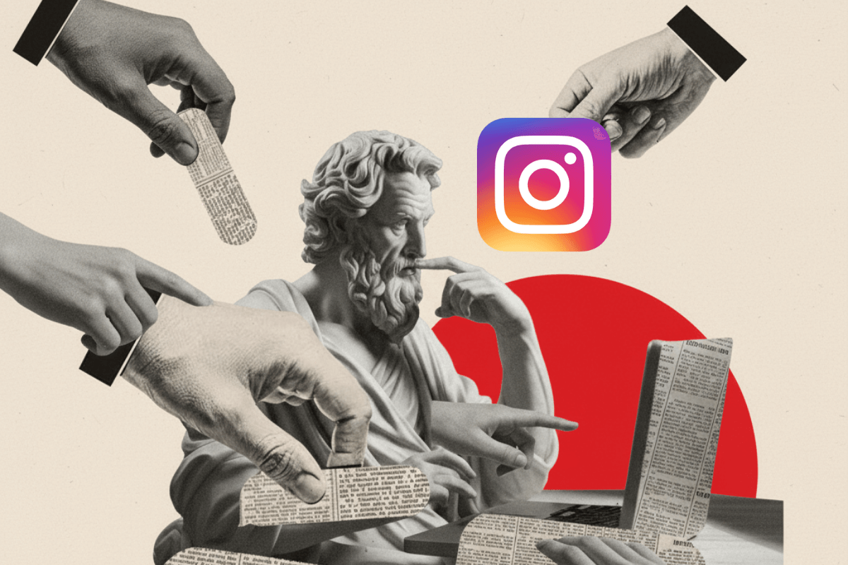 Uma colagem artística em tons de bege, preto e branco, com toques vibrantes de vermelho e colorido. No centro, uma estátua grega clássica de um filósofo barbudo aparece sentada em frente a um notebook moderno. Várias mãos recortadas em estilo "vintage" surgem das bordas da imagem, segurando pedaços de papel que lembram recortes de jornal antigos. No lado direito, o logotipo colorido do Instagram está posicionado de forma flutuante, próximo à tela do computador. Ao fundo, um grande círculo vermelho sólido adiciona um contraste geométrico à composição. Referente a um artigo que explica como criar conteúdo jurídico para Instagram.