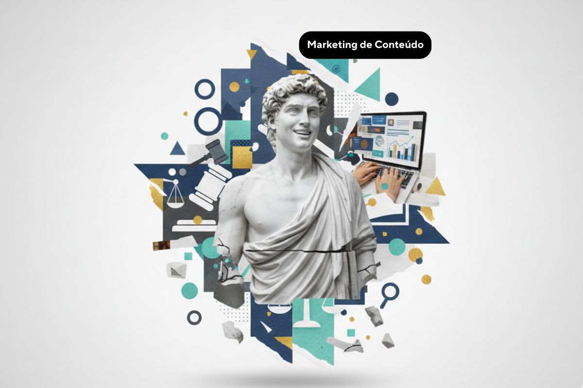 Uma colagem digital moderna e artística em tons de azul, dourado e branco sobre um fundo cinza claro. No centro, destaca-se o busto de uma estátua grega clássica de mármore branco que parece estar sorrindo. Ao redor da estátua, elementos de dicas de marketing jurídico são representados de forma fragmentada: mãos operando um notebook com gráficos financeiros na tela, um martelo de juiz (malhete), balanças da justiça e formas geométricas abstratas. No canto superior direito, há um balão de fala preto com o texto "Marketing de Conteúdo" em branco.