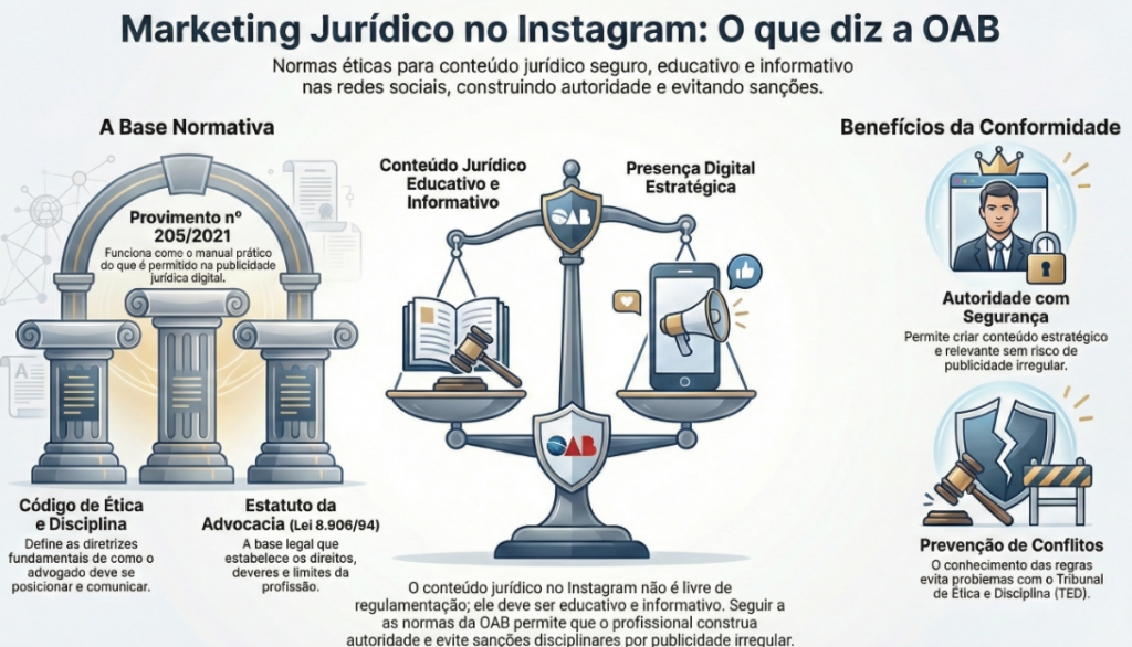 O infográfico detalha as diretrizes para o marketing jurídico no Instagram, baseando-se no Provimento nº 205/2021, no Código de Ética e no Estatuto da Advocacia. A norma central exige que o conteúdo tenha caráter estritamente educativo e informativo, proibindo a mercantilização da profissão. Visualmente, uma balança equilibra o saber jurídico tradicional (livros e martelo) com a presença digital estratégica (redes sociais). Seguir essas regras é essencial ao planejar como criar conteúdo jurídico para Instagram, pois garante ao Advogado a construção de autoridade com segurança, evitando publicidade irregular. Além disso, a conformidade atua na prevenção de conflitos junto ao Tribunal de Ética e Disciplina (TED). O objetivo final é permitir o crescimento digital sem ferir a sobriedade da classe. Em suma, a presença online é permitida, desde que ética, informativa e estratégica.