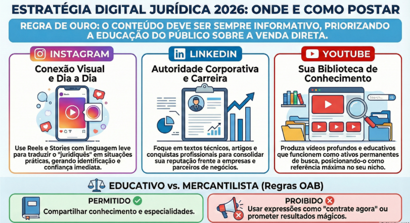 Imagem com dicas de marketing jurídico, explicando onde e como advogados devem postar conteúdo de forma ética. No topo, destaca a regra de ouro: o conteúdo deve ser sempre informativo, priorizando a educação do público em vez da venda direta. O material é dividido por plataformas. No Instagram, o foco é a conexão visual e o dia a dia, com uso de Reels e Stories para traduzir o juridiquês em situações práticas e gerar identificação. No LinkedIn, a ênfase está na autoridade corporativa e carreira, com textos técnicos, artigos e conquistas profissionais para consolidar reputação. No YouTube, o destaque é a produção de vídeos profundos e educativos, funcionando como biblioteca permanente de conhecimento e ativo de busca. Na parte inferior, há a comparação entre conteúdo educativo permitido, voltado ao compartilhamento de conhecimento e especialidade, e conteúdo mercantilista proibido pelas regras da OAB, como chamadas diretas à contratação ou promessas de resultados.