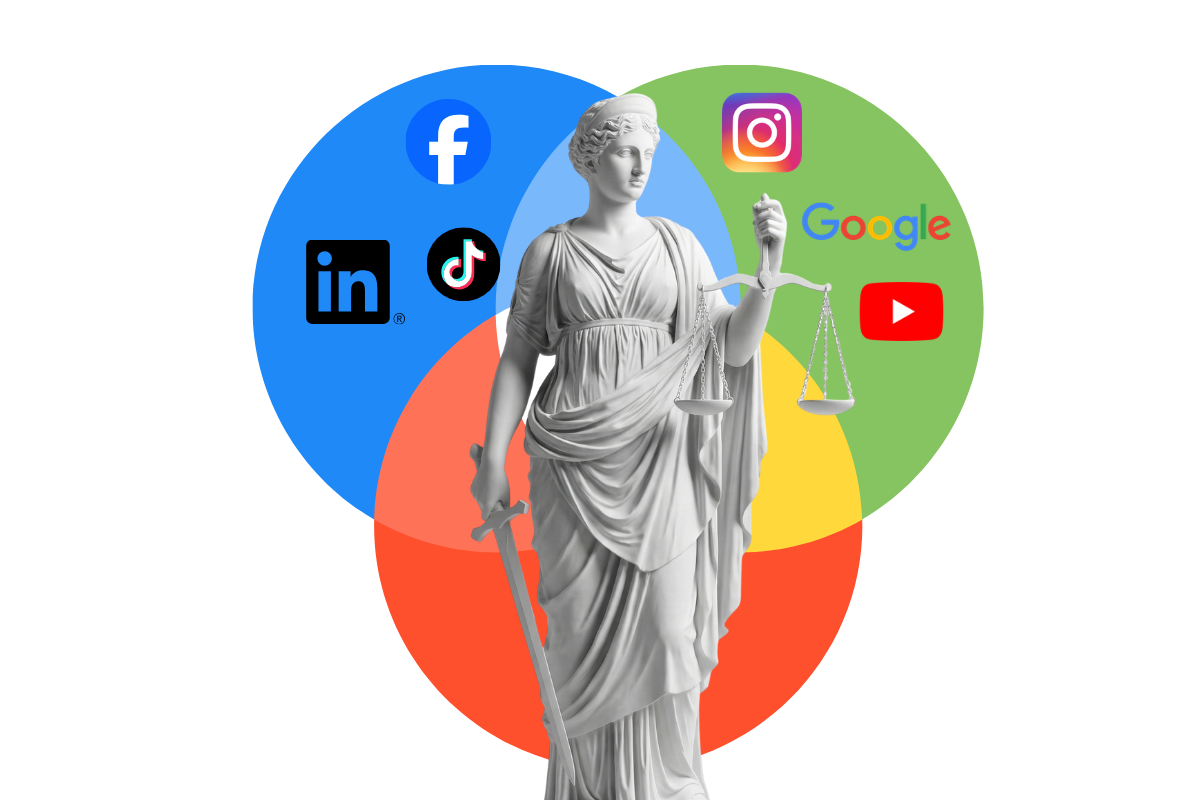 Uma ilustração de uma estátua clássica da Dama da Justiça, segurando uma espada e balança, sobrepondo-se a um diagrama de Venn de três círculos. O círculo azul à esquerda contém os logotipos do Facebook, LinkedIn e TikTok. O círculo verde à direita contém os logotipos do Instagram, Google e YouTube. O círculo vermelho abaixo intersecta os outros dois círculos e o local de interseção central onde a estátua está. O diagrama ilustra como o marketing jurídico captação de clientes pode ser feito através de plataformas de mídia social e site.