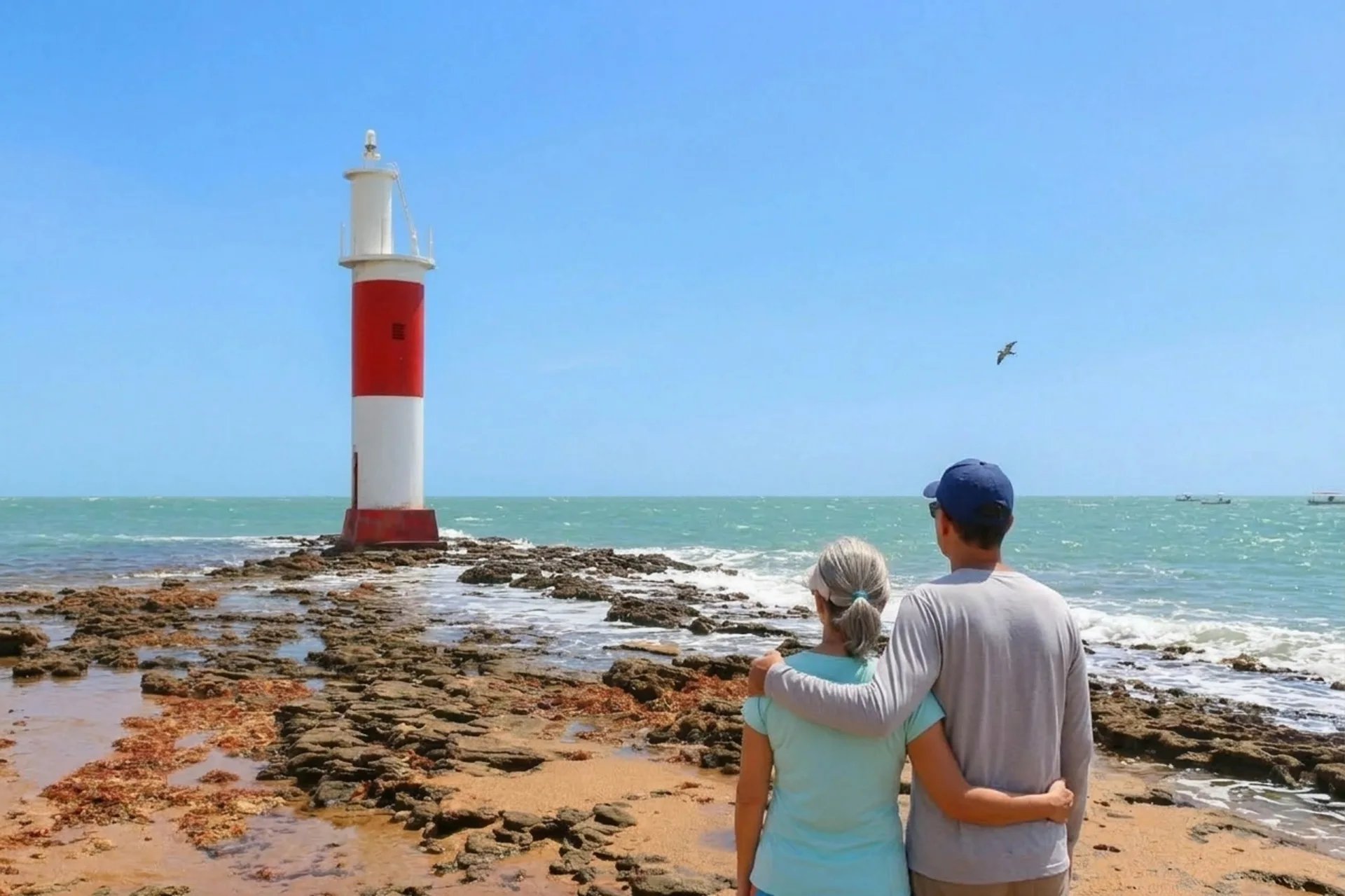 Casal diante do farol de Galinhos